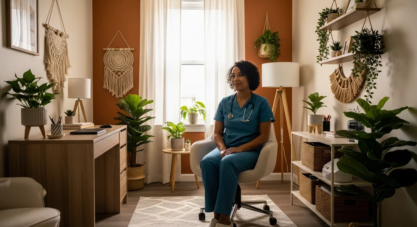 Healthcare worker receiving brainspotting therapy for trauma and burnout recovery in comfortable counseling office