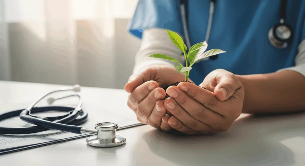 Growth and healing symbolized by hands nurturing a plant, representing EMDR for workplace trauma recovery