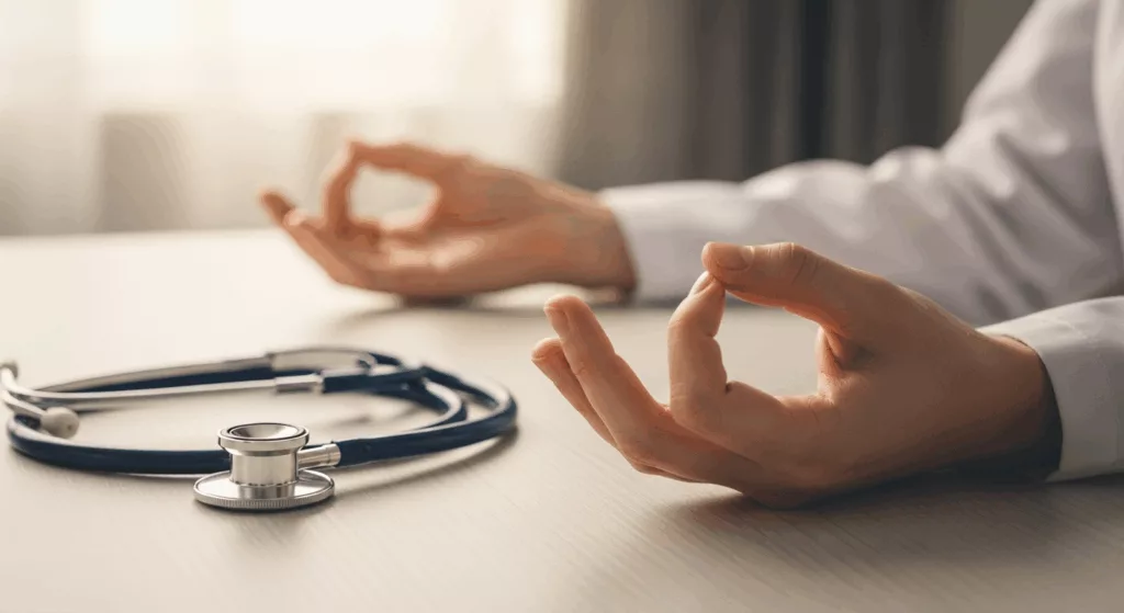 Healthcare worker practicing DBT mindfulness skills for burnout prevention
