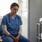 Healthcare worker in hospital break room reflecting on dissociation in healthcare workers and mental health
