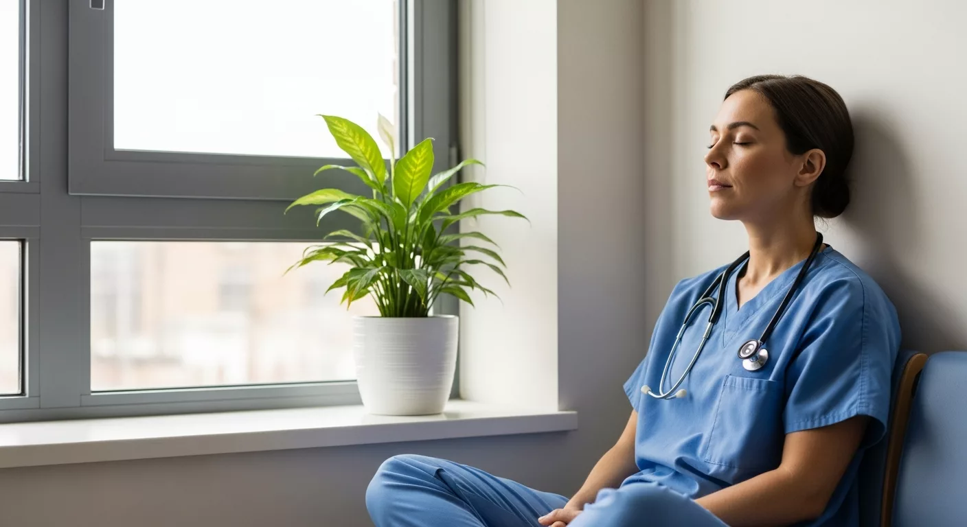 Healthcare worker practicing energy protection techniques during break for highly sensitive professionals