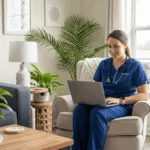 Healthcare professional participating in telehealth EMDR Florida session from home
