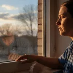 Healthcare worker contemplating by window, representing the emotional journey of brainspotting for healthcare workers