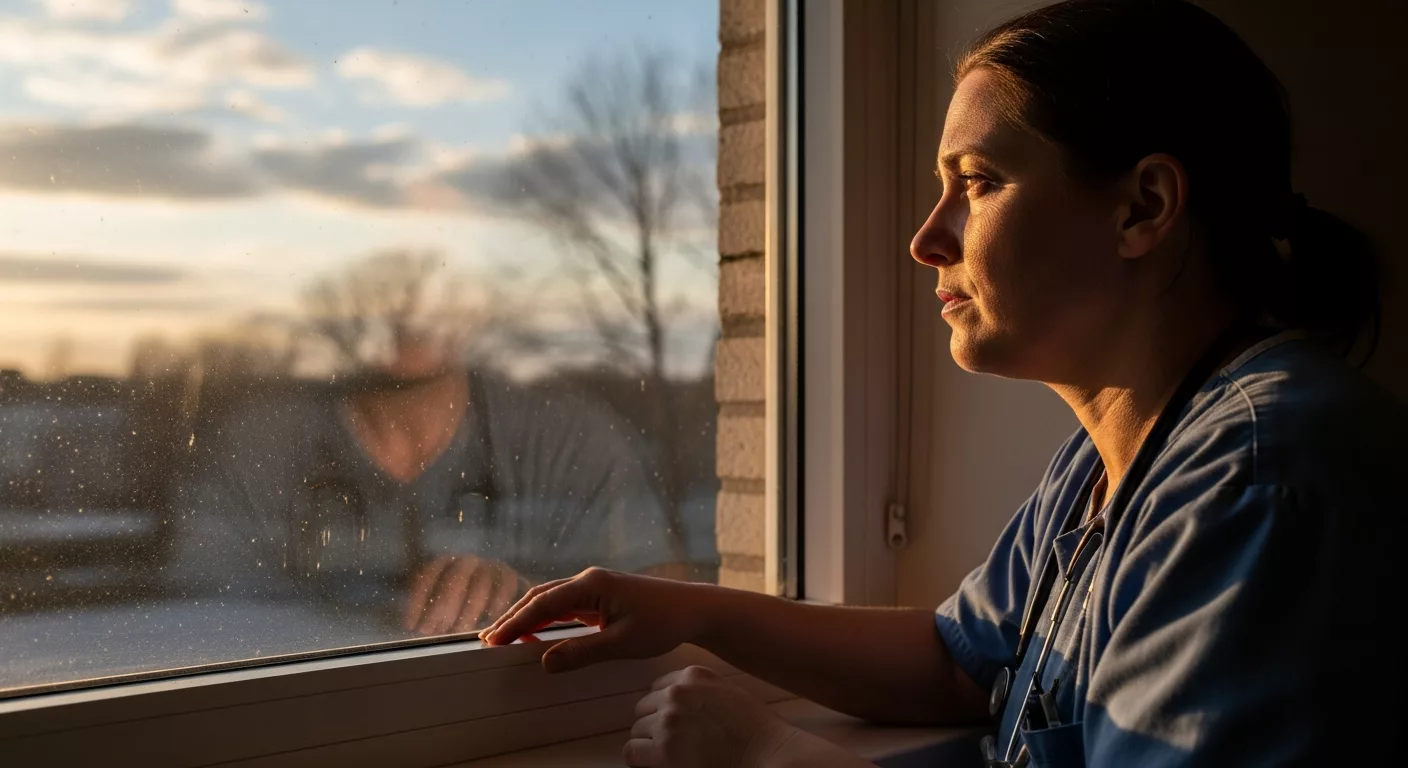 Healthcare worker contemplating by window, representing the emotional journey of brainspotting for healthcare workers