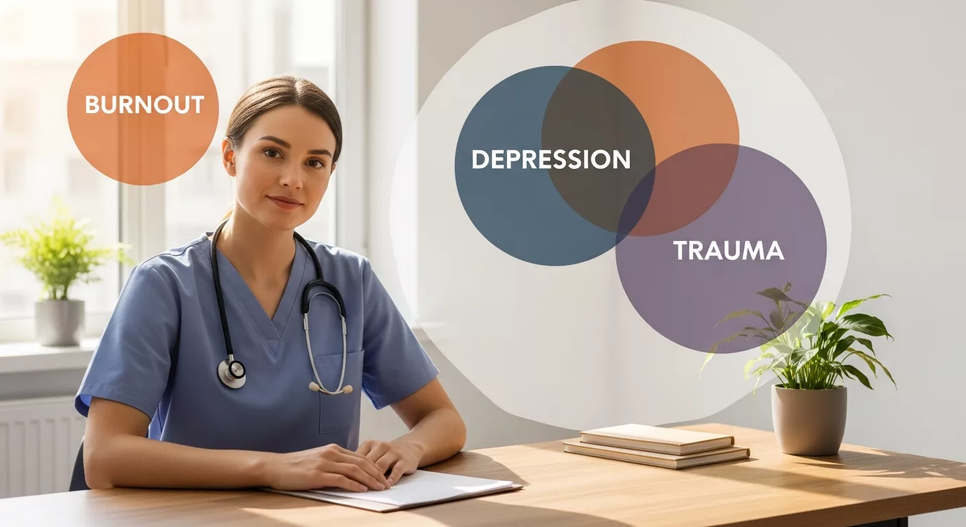 Healthcare professional considering burnout vs depression vs trauma diagnosis options