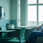 Healthcare worker reflecting on dissociative disorders in caregivers during break
