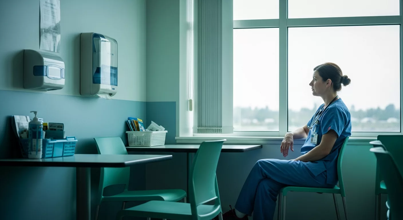 Healthcare worker reflecting on dissociative disorders in caregivers during break