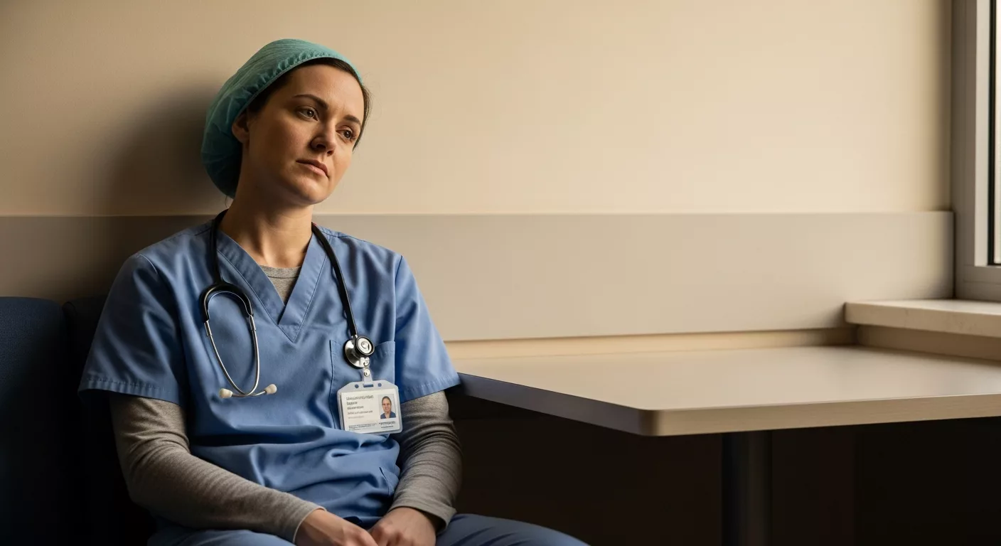 Healthcare worker experiencing dissociative symptoms taking a quiet moment in hospital break room