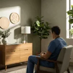 Healthcare worker seeking trauma therapy in comfortable counseling environment for complex trauma healthcare workers