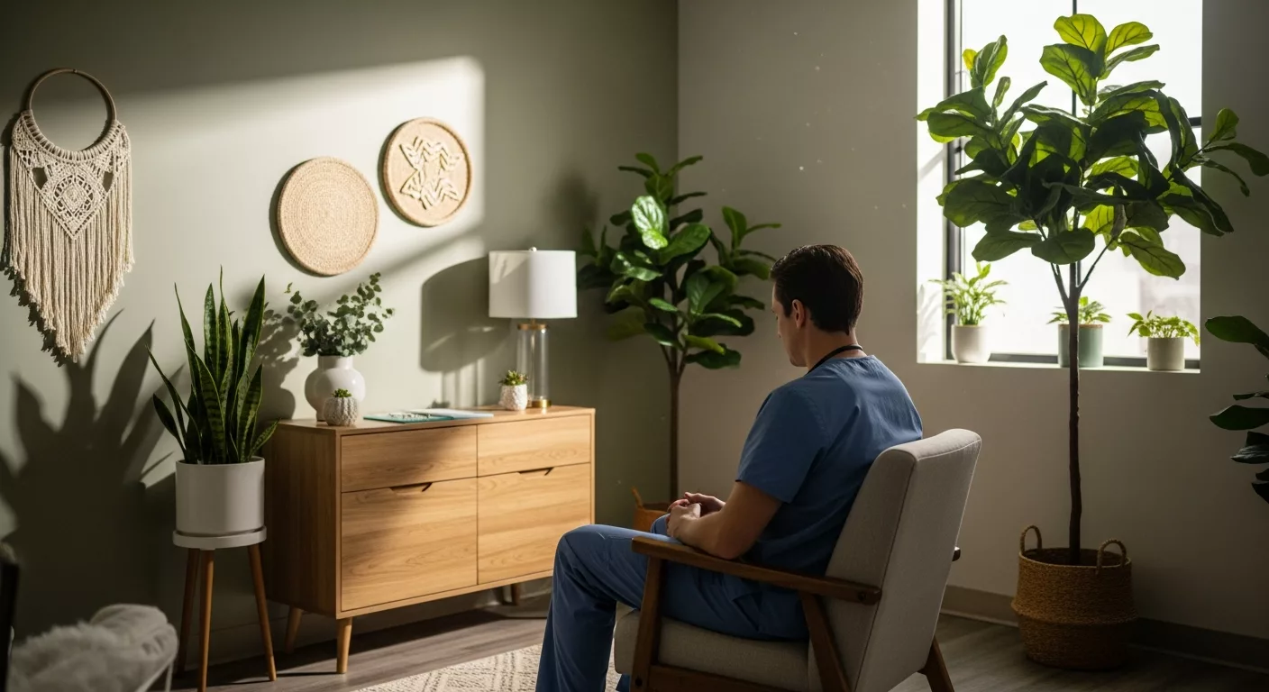 Healthcare worker seeking trauma therapy in comfortable counseling environment for complex trauma healthcare workers