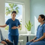 Florida healthcare workers practicing DBT skills and mindfulness techniques in hospital break room