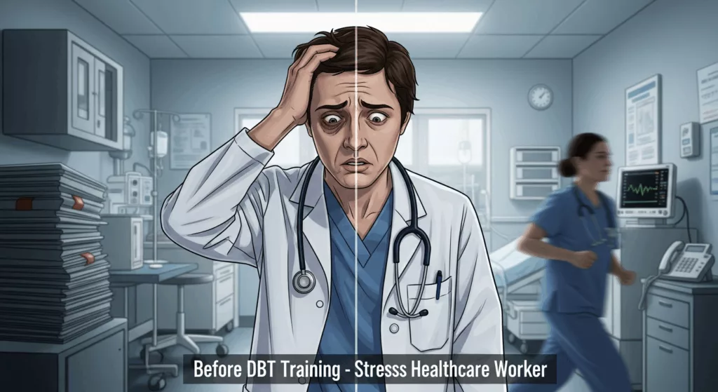 Before and after comparison showing DBT skills helping healthcare workers manage stress and maintain compassionate care