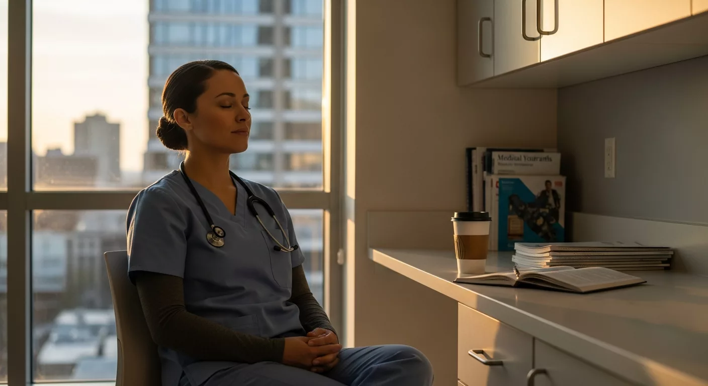 Florida healthcare worker practicing DBT mindfulness skills during hospital break, demonstrating emotional regulation techniques for medical professionals