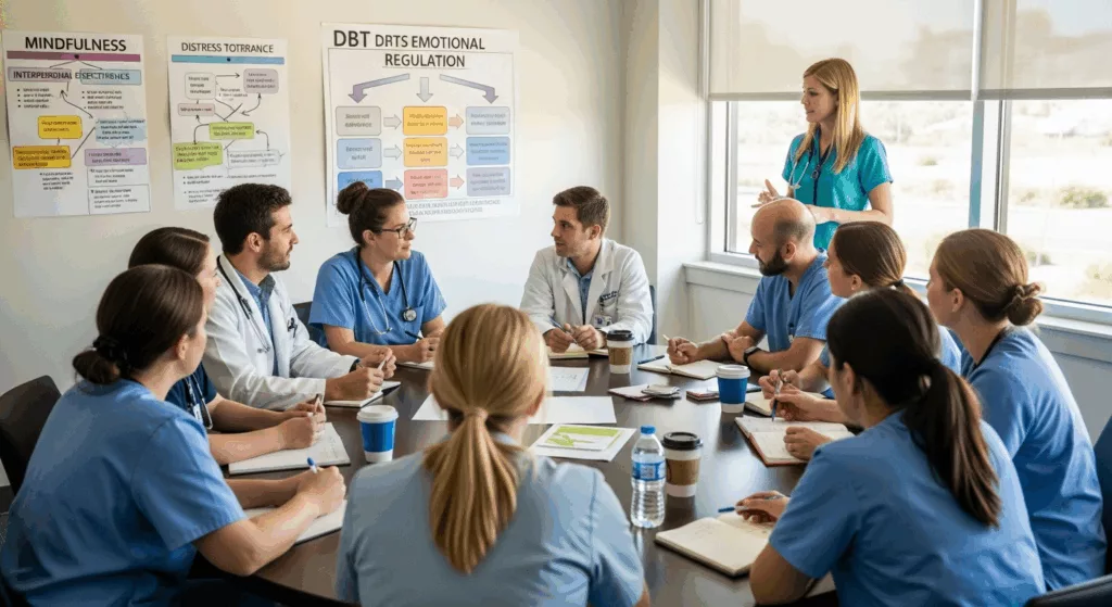 DBT skills group training for healthcare workers Florida, showing medical professionals learning dialectical behavior therapy techniques for workplace stress