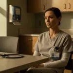 Healthcare worker experiencing dissociation taking a quiet moment in hospital break room