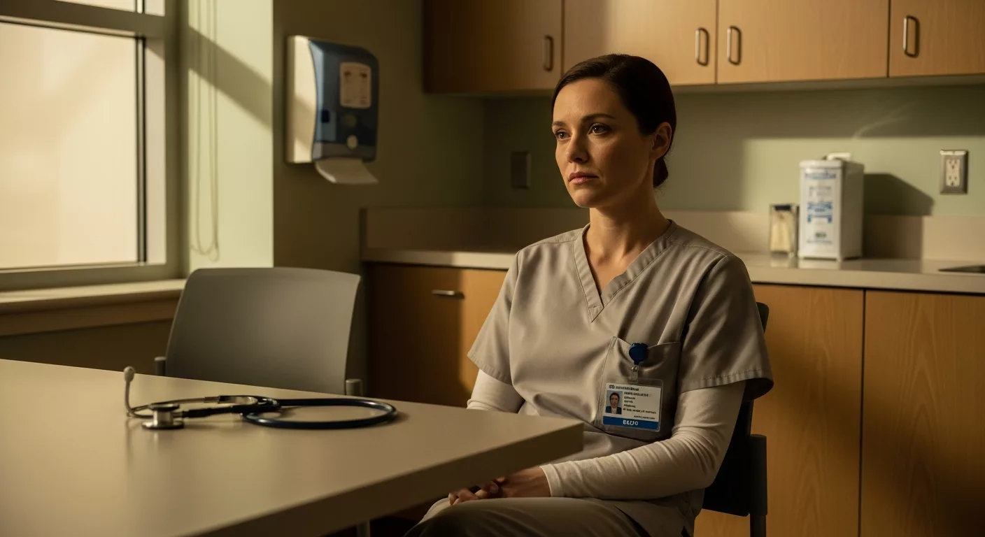 Healthcare worker experiencing dissociation taking a quiet moment in hospital break room