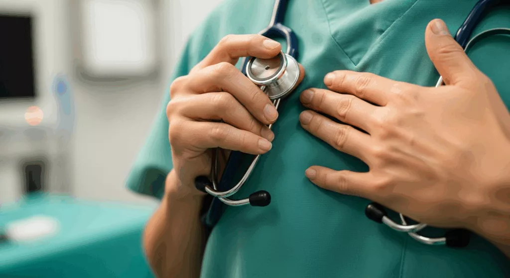 Healthcare worker practicing grounding techniques to manage dissociation during work shift