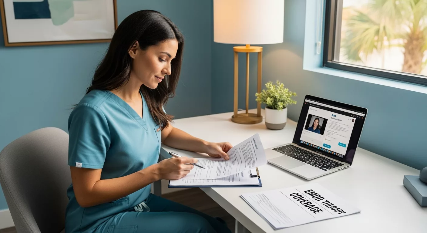 Healthcare professional reviewing insurance coverage EMDR therapy Florida benefits and documentation