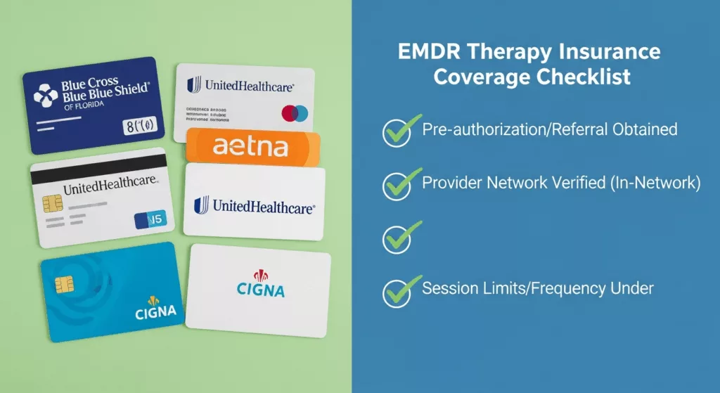 Visual guide showing major Florida insurance providers that cover EMDR therapy and approval checklist