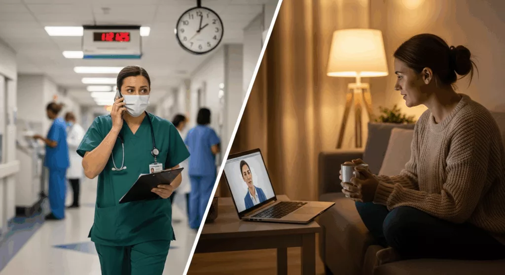 Comparison showing busy healthcare worker schedule versus convenient telehealth trauma therapy Florida sessions