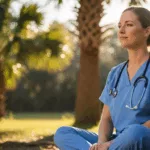 Florida nurse practicing evidence-based self-care outdoors during work break