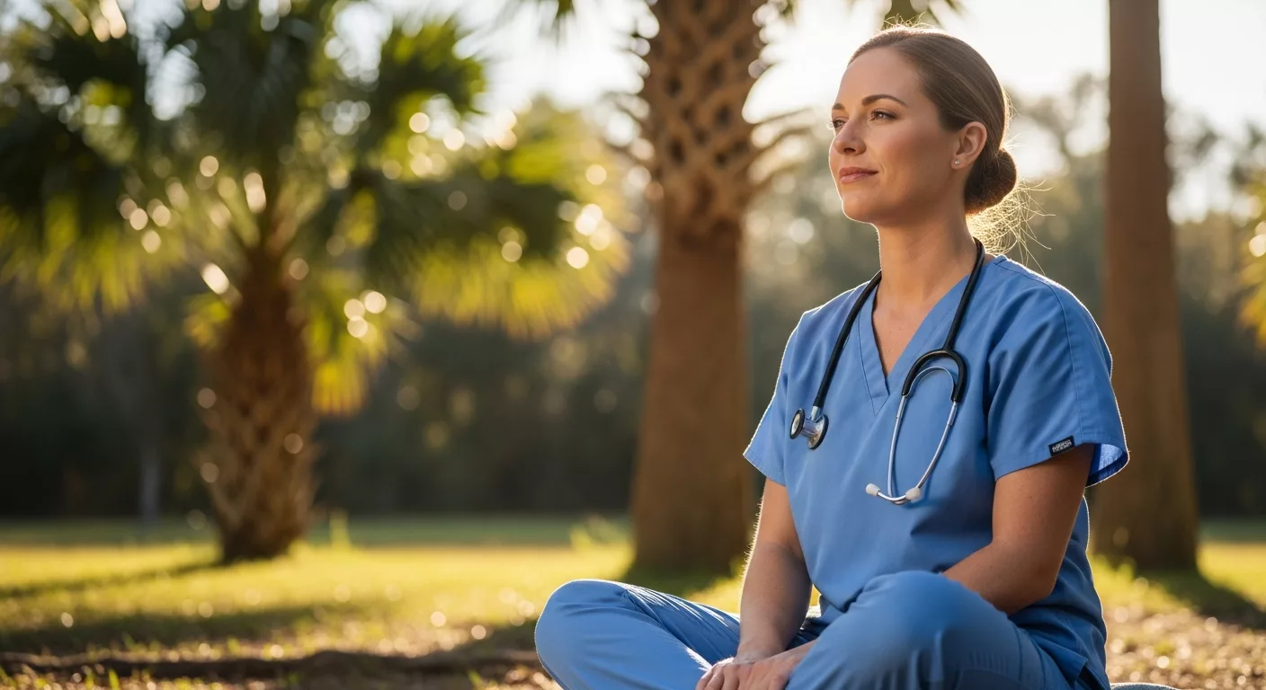 Florida nurse practicing evidence-based self-care outdoors during work break