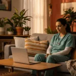 Healthcare worker accessing flexible trauma therapy Florida through evening telehealth session at home
