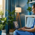 Healthcare worker accessing flexible trauma therapy Florida through telehealth session at home