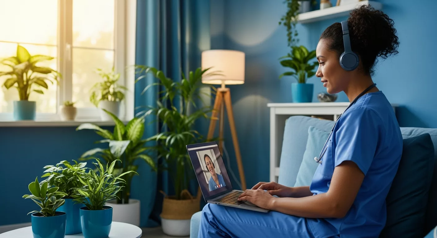 Healthcare worker accessing flexible trauma therapy Florida through telehealth session at home