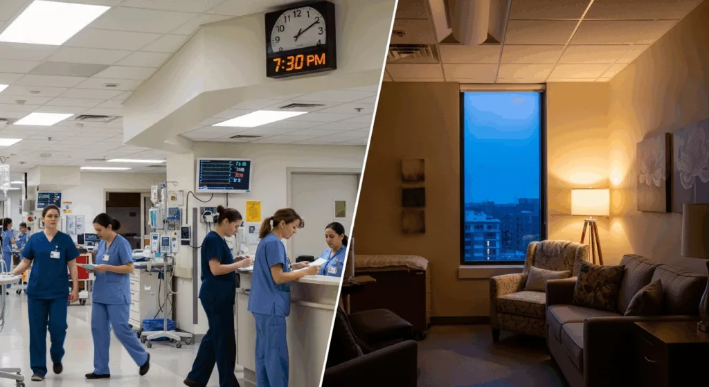 Comparison of busy healthcare work environment and flexible evening trauma therapy options in Florida