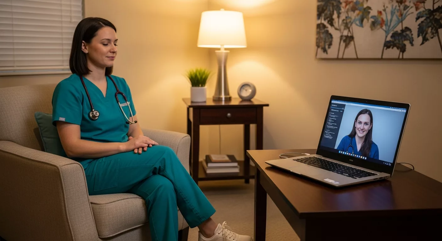Healthcare worker accessing flexible trauma therapy in Florida through evening telehealth session