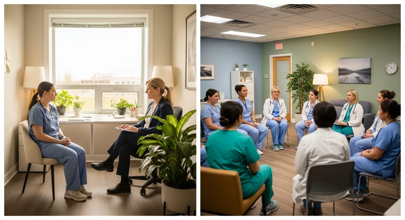 Healthcare workers exploring group therapy vs individual therapy healthcare trauma treatment options in professional therapeutic settings