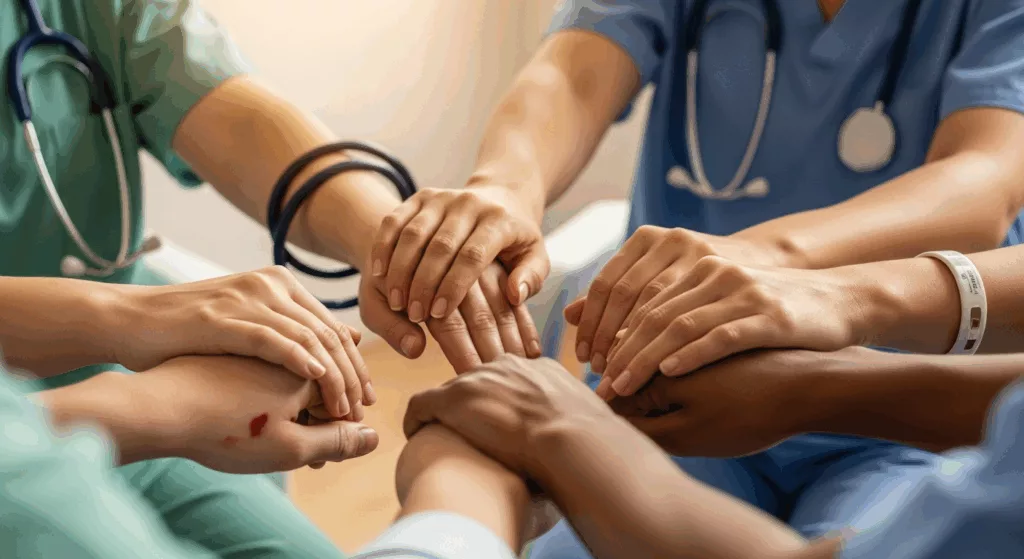 Healthcare workers supporting each other in group therapy for medical professional PTSD treatment and trauma recovery