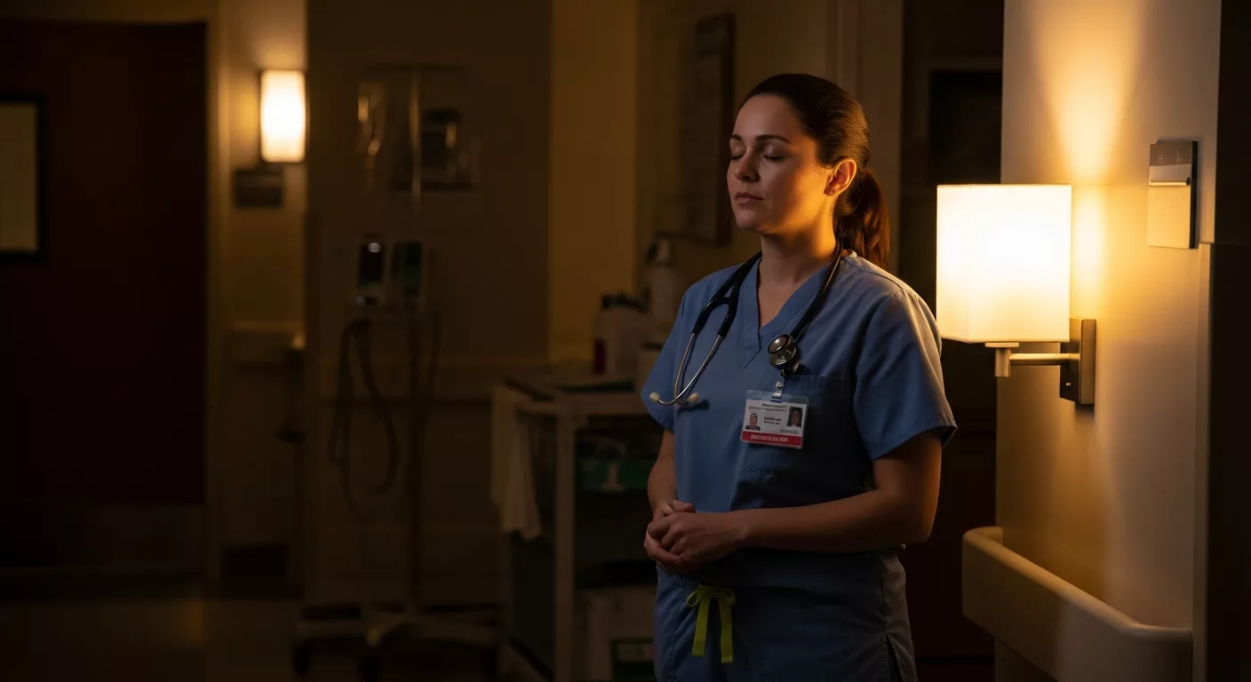 Healthcare worker practicing grounding techniques for managing dissociation in clinical setting