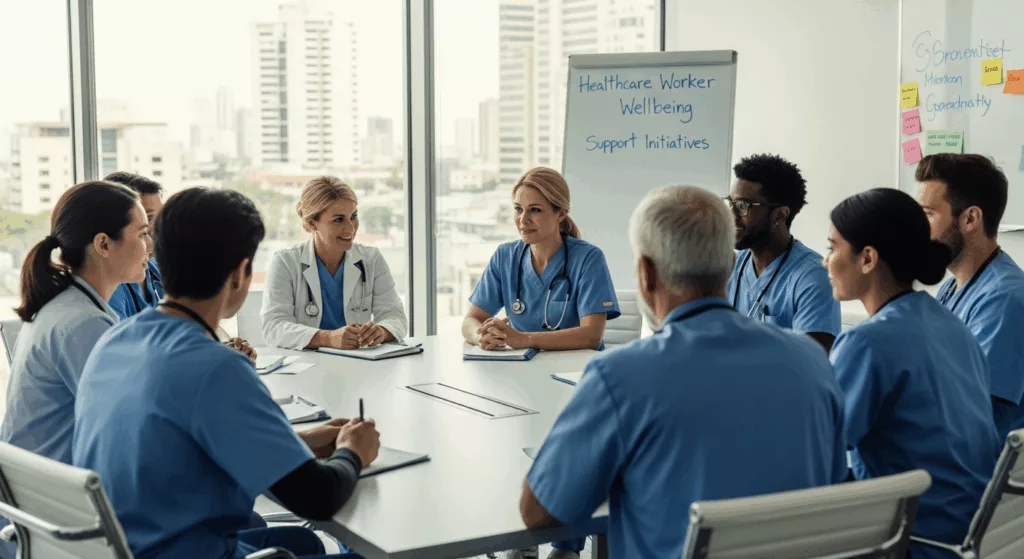 Healthcare workers in supportive group discussion about dissociation in healthcare workers and mental wellness