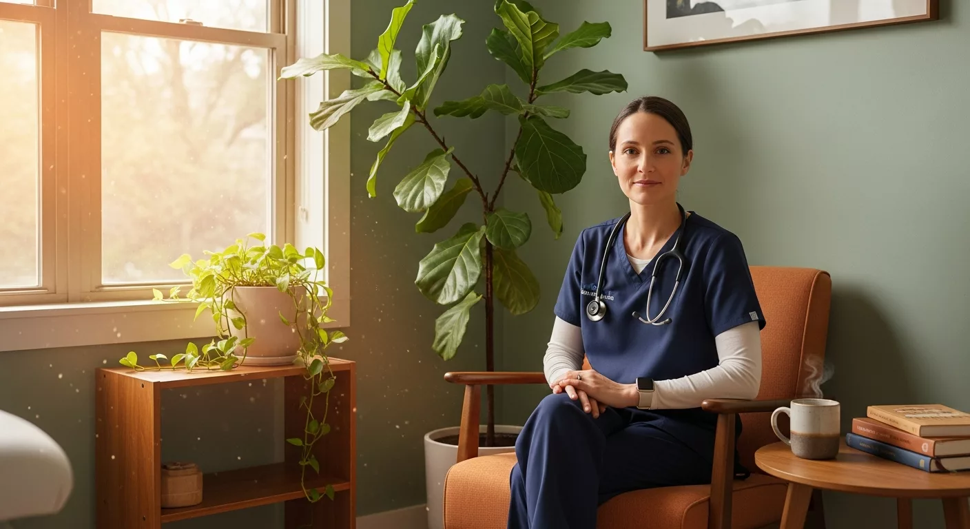 Healthcare professional in peaceful setting representing narcissistic abuse recovery for helping professionals