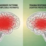Visual comparison of personality disorders vs trauma responses showing different brain pattern illustrations