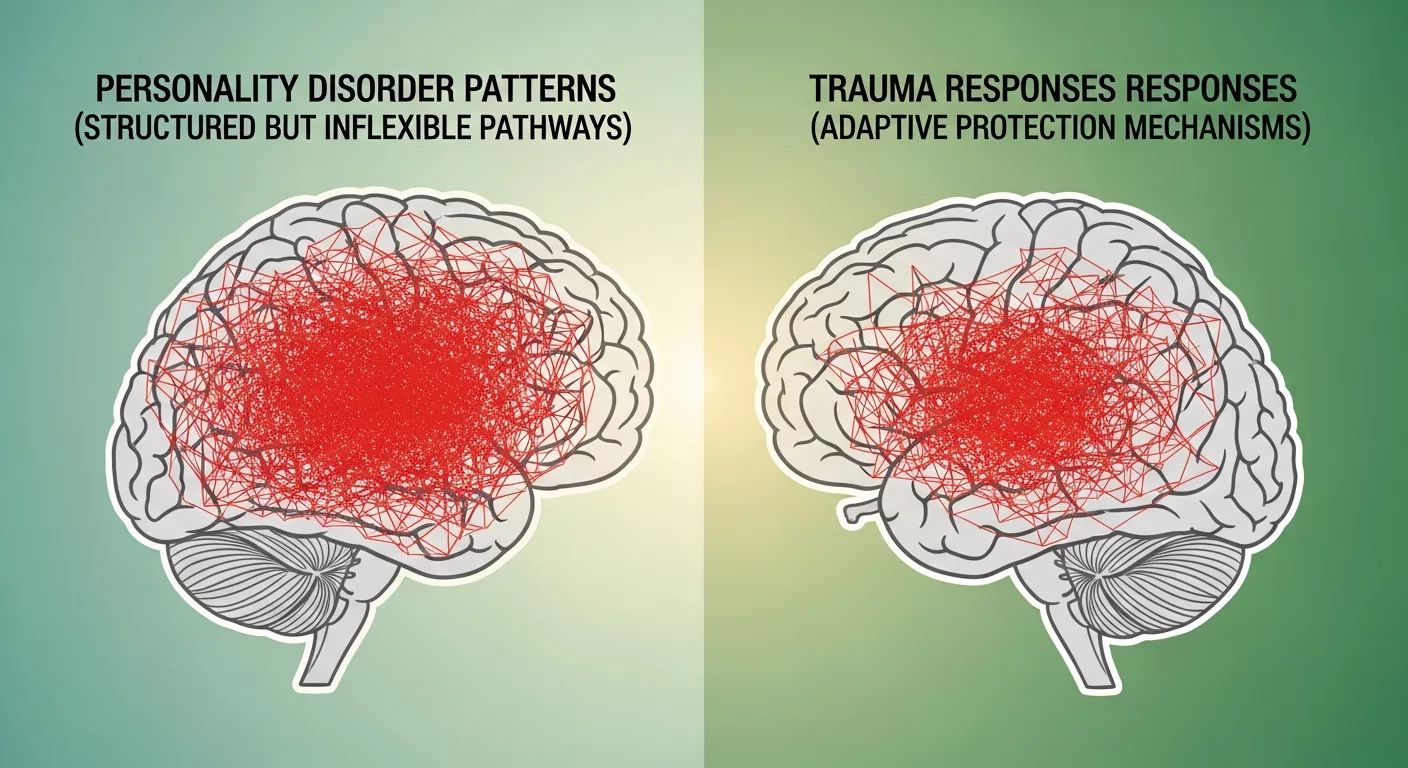 Visual comparison of personality disorders vs trauma responses showing different brain pattern illustrations