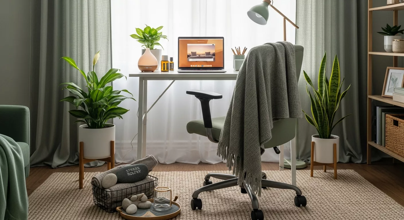Comfortable home telehealth therapy setup for empaths in Florida showing peaceful environment for virtual mental health sessions