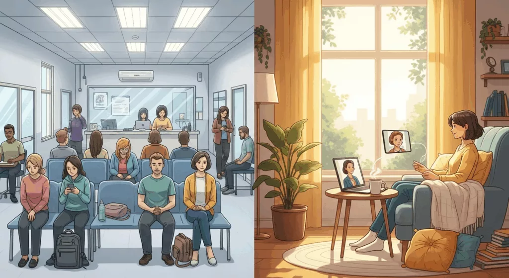 Comparison of overwhelming in-person therapy environments versus calm telehealth therapy for Florida empaths seeking online mental health treatment