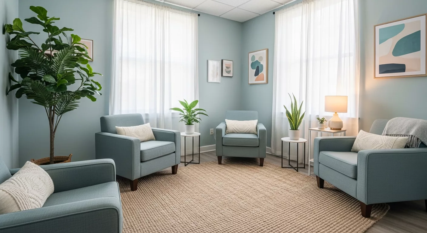 Trauma-informed therapy setting in Florida designed for empaths with calming natural lighting and comfortable seating