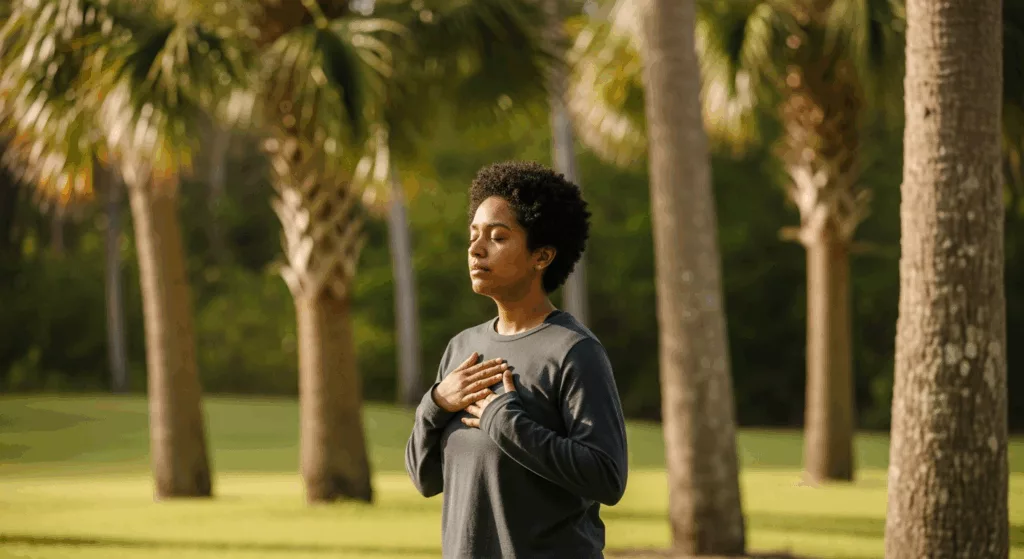 Florida empath practicing self-advocacy and nervous system regulation techniques in a peaceful natural setting