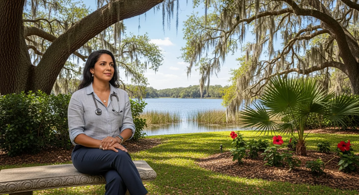 Florida healthcare worker practicing trauma-informed self-advocacy techniques in peaceful natural setting