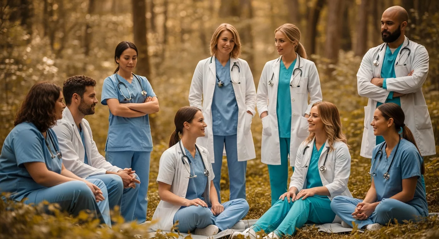 Healthcare workers finding peace and trauma recovery through specialized support and resilience building