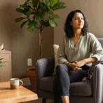 Healthcare professional considering specialized trauma treatment in peaceful therapy setting
