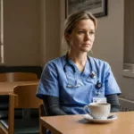Thoughtful healthcare worker reflecting on childhood trauma healthcare careers connection in hospital break room