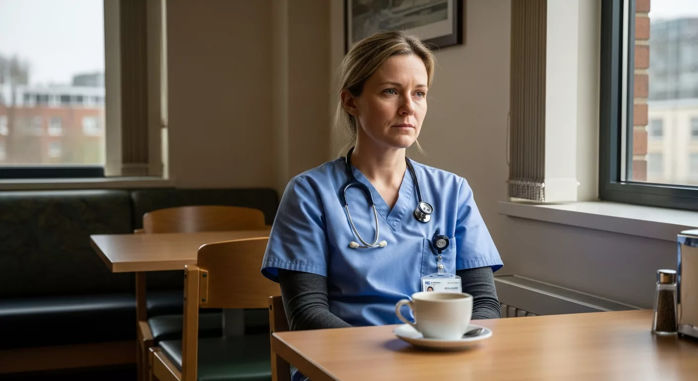Thoughtful healthcare worker reflecting on childhood trauma healthcare careers connection in hospital break room
