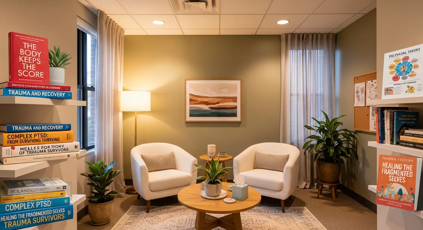 Specialized trauma therapy vs talk therapy office setting with comfortable chairs and healing environment