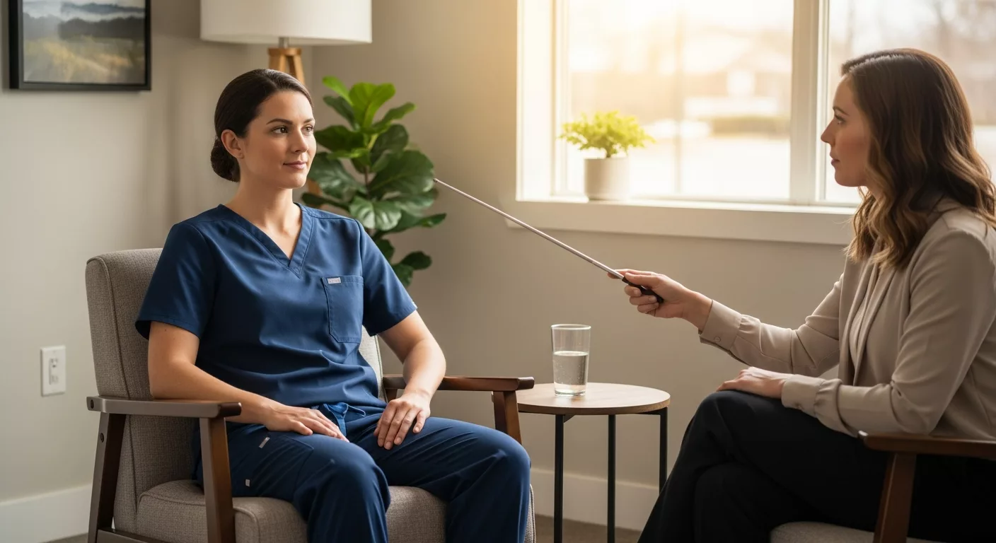 Healthcare worker receiving brainspotting therapy for trauma and burnout recovery