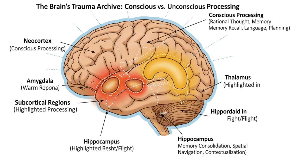 Brain diagram showing subcortical regions where brainspotting addresses healthcare worker trauma